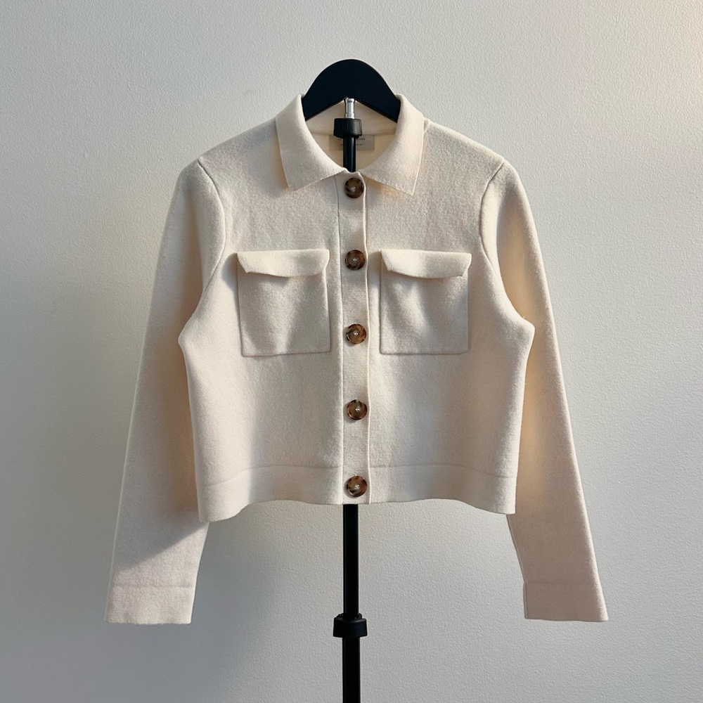 Sezane Betty Ecru/Cream Merino Wool Collared Shirt Cardigan Size S